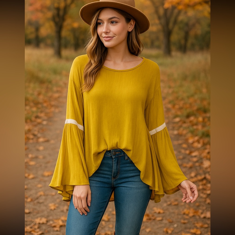 Davi & Dani Mustard Brown Bell Sleeve Top Women’s Size M